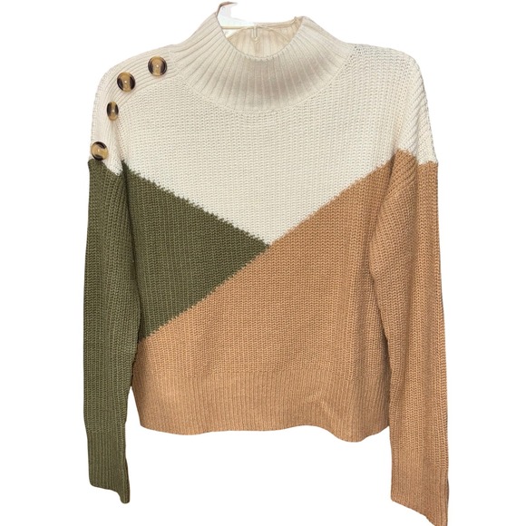 FCT With Love Colorblock Mock Neck Button Shoulder Sweater L Casual Chic Preppy - Picture 7 of 7